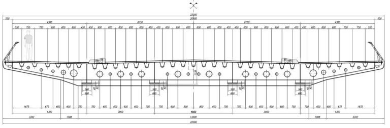 La sezione trasversale dell'impalcato con le 25 tubazioni incorporate (di diametro variabile tra 14 e 33 cm) funzionali al passaggio di tutti i sotto-servizi